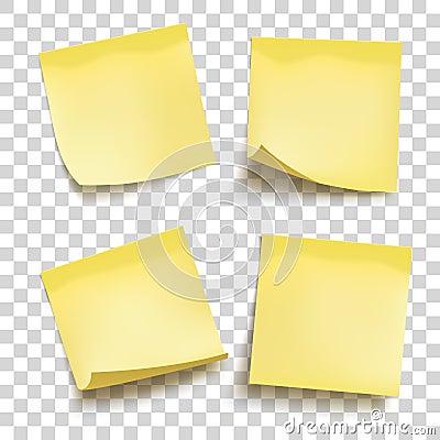 Set of yellow sheets of note papers. Four sticky notes. Vector Illustration