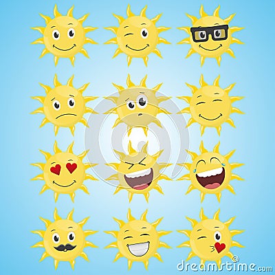 A set of yellow simple smiling sun. Cartoon Illustration