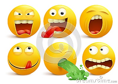 Set of yellow smiley face emoticon cartoon characters. Cartoon Illustration