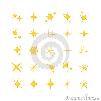 Set of yellow sparkles. Collection of twinkling star symbol isolated on white background. Cartoon style. Vector Illustration