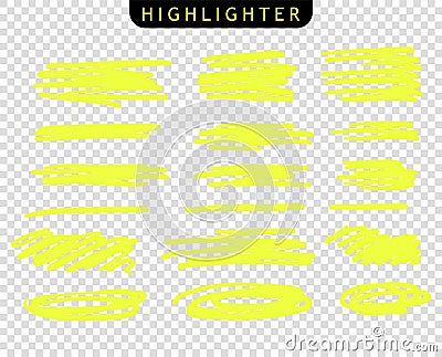 Set of yellow strokes line markers. Vector highlight brush lines. Hand drawing sketch underlined, stripes. Isolated background. Vector Illustration