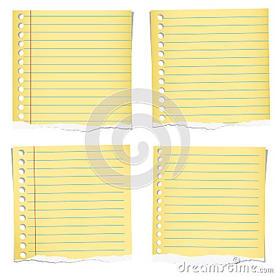 Set of yellow torn notebook papers with blue lines Vector Illustration