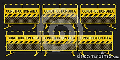 Set of yellow wire steel barrier with construction sign on transparent background Vector Illustration