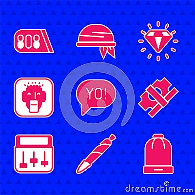 Set Yo slang lettering, Marijuana joint, spliff, Winter hat, Stacks paper money cash, Drum machine music, Rapper Vector Illustration