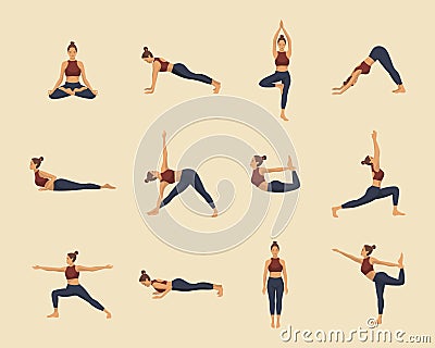 Set of yoga asanas. Young woman demonstrating various yoga or pilates positions isolated on light background. Concept health Vector Illustration