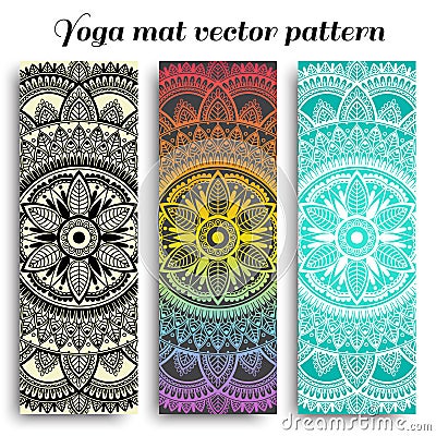 Set of yoga mats with ethnic designs. Turquoise, rainbow gradient and black vector pattern with mandala Stock Photo