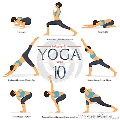 Set of 8 yoga poses in flat design . Woman figures exercise in blue sportswear and black yoga pant for yoga infographics. Vector Illustration