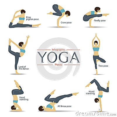 Set of yoga poses in flat design . Yoga infographics. Vector Illustration