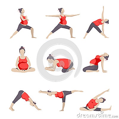 Set of 9 Yoga poses for Pregnant women. Vector Illustration
