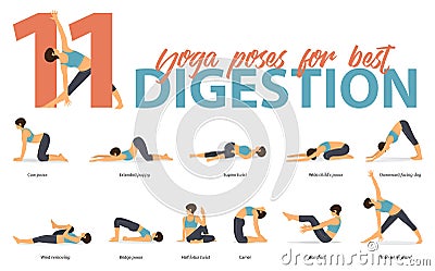 Set of yoga postures female figures for Infographic 11 Yoga poses for best digestion in flat design. Vector Illustration