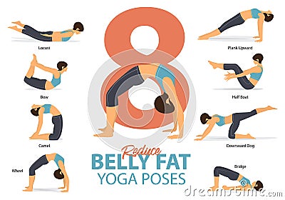 A set of yoga postures female figures for Infographic 8 Yoga poses for reduce belly fat in flat design. Woman figures exercise. Vector Illustration