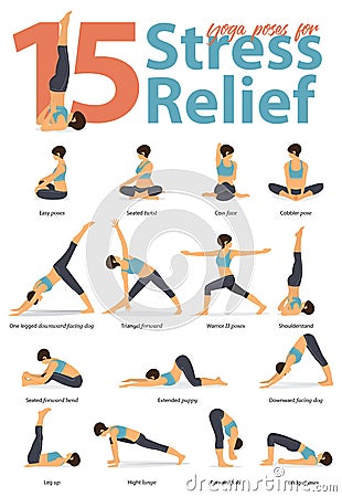 Set of yoga postures female figures for Infographic 15 Yoga poses for stress relieve in flat design. Vector Illustration