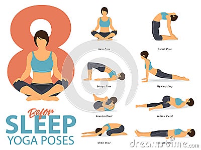 A set of yoga postures female figures for Infographic 8 Yoga poses for exercise before sleep in flat design. Vector. Vector Illustration