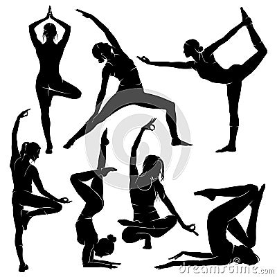 Yoga. Silhouettes of yoga girls. Figures of Female Physical Culture of Yoga. Vector Illustration