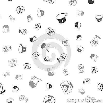 Set Yogurt container, Cow head, Cheese and Milk jug or pitcher on seamless pattern. Vector Stock Photo