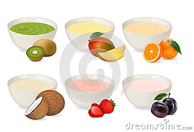 Set of yogurts in a porcelain plate with different fruits. Vector Illustration