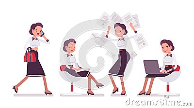 Set of young attractive secretary in office scenes Vector Illustration