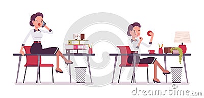 Set of young attractive secretary sitting at, on the office desk Vector Illustration