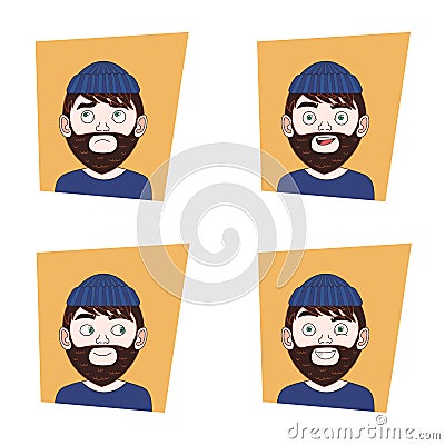 Set Of Young Bearded Man Facial Expressions Collection Of Hipster Guy Different Emotions Icons Vector Illustration