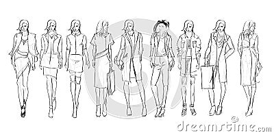 Set of young beautiful women in stylish clothes. Sale concept. Hand-drawn fashion illustration. Fashion sketch Vector Illustration