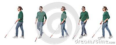 Set of young blind man with long cane walking on white Stock Photo