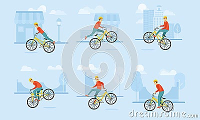 Set of a young boy in helmet rides a BMX bicycle and performs various complex tricks. Vector illustration in flat Vector Illustration