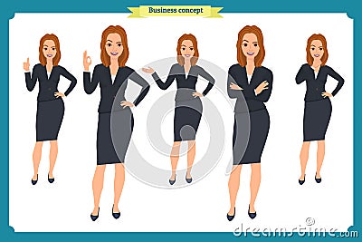 Set of young businesswoman presenting in different poses.People character. Standing. Isolated on white. Flat style.business Vector Illustration