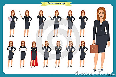 Set of young businesswoman presenting in different poses.People character. Standing. Isolated on white. Flat style.business Vector Illustration