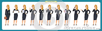 Set of young businesswoman presenting in different poses.People character. Standing. Isolated on white. Flat style.business Vector Illustration