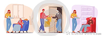 Set of Young Caregiver Characters Care of Elderly People Bring Food and Medicine. Caregiving, Social Help to Seniors Vector Illustration