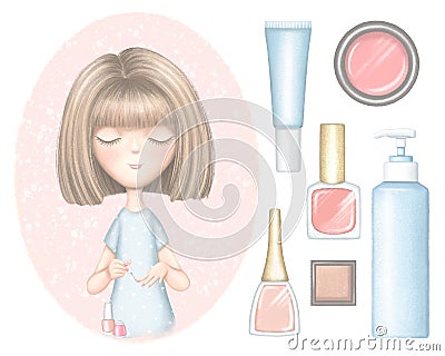 Set of young girl paints nails, nail polishes and bottles for cosmetics Cartoon Illustration