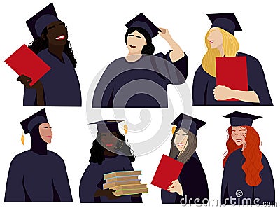 A set of young girls of different nationalities in the form of a graduate. Vector Illustration