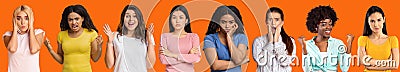 Set of young international pensive, scared, joyful and angry female isolated on orange background Stock Photo