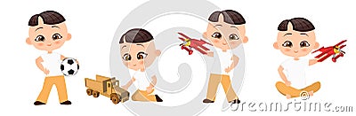 Set young Japanese boy playing toy. Vector illustration eps 10 isolated on white background. Flat cartoon style. Vector Illustration