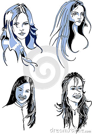 Set of Young Long Haired Female Faces Vector Illustration