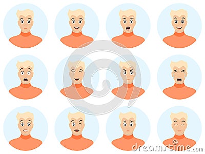 Cartoon handsome young guy vector illustration. Man face avatar set isolated on white background. Vector illustration. Vector Illustration