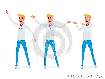 Set of young man character design. Happy young man in casual clothes in various poses. Vector Illustration