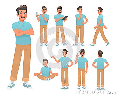 Set of young man character in various poses and actions. Happy guy thinks, meditates and uses gadgets Cartoon Illustration