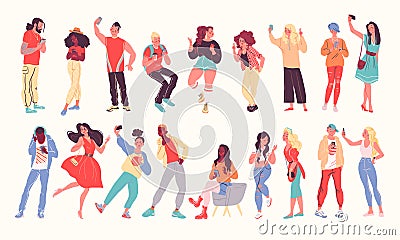 Set of young people full weight portraits using phones, listening music in headphones, dancing, making selfie and video calls, cha Vector Illustration