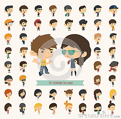 Set of 50 young people with hipster fashion style Vector Illustration