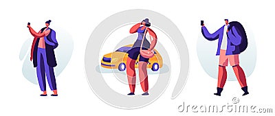 Set of Young People with Luggage Stand on Street Calling or Using Mobile App for Ordering Taxi Vector Illustration