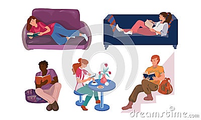 Set of young people reading books in different poses. Vector illustration in flat cartoon style. Vector Illustration