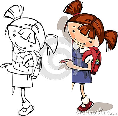 Set of young school girls with a banner Vector Illustration