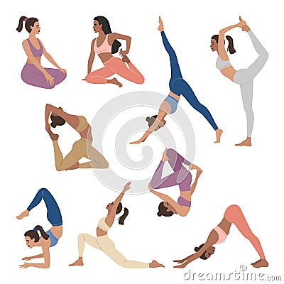 Set of young sports girls doing yoga exercises Vector Illustration