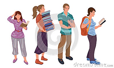 Set of young students reading books in different poses. Vector illustration in flat cartoon style. Vector Illustration