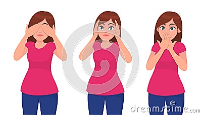 Set of young woman closing/covering her eyes, ears and mouth like the three wise monkeys. Do not see, hear and speak concept. Vector Illustration