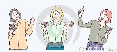 Set of young woman looks at the smart phone screen reading message, be happy celebrate great news by sms. Vector Illustration