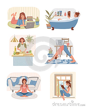 Set of young women doing different home activities: working, studying, doing exercises, cooking, takes a bath, meditating, reading Vector Illustration