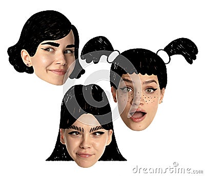 Set of young women faces, human heads with funny drawn haircuts, hairdo. Curly and straight, quads, bob or pank and Stock Photo