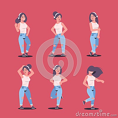 Set young women group in casual clothes standing different poses smiling female cartoon characters collection girls Vector Illustration